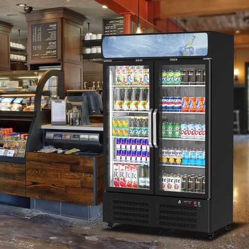 GAOMON Commercial Refrigerator, Commercial Beverage Display Cabinet with LED Top Panel, 32-50°F Adjustable, 25.3 Cu Ft Double Glass Door Merchandiser Fridge for Restaurant, Convenience Store, Black in Saudi Arabia