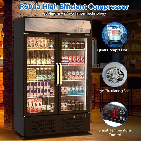 GAOMON Commercial Refrigerator, Commercial Beverage Display Cabinet with LED Top Panel, 32-50°F Adjustable, 25.3 Cu Ft Double Glass Door Merchandiser Fridge for Restaurant, Convenience Store, Black in Saudi Arabia