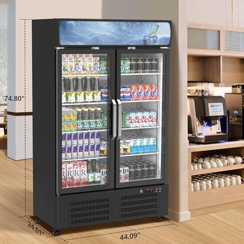 GAOMON Commercial Refrigerator, Commercial Beverage Display Cabinet with LED Top Panel, 32-50°F Adjustable, 25.3 Cu Ft Double Glass Door Merchandiser Fridge for Restaurant, Convenience Store, Black in Saudi Arabia