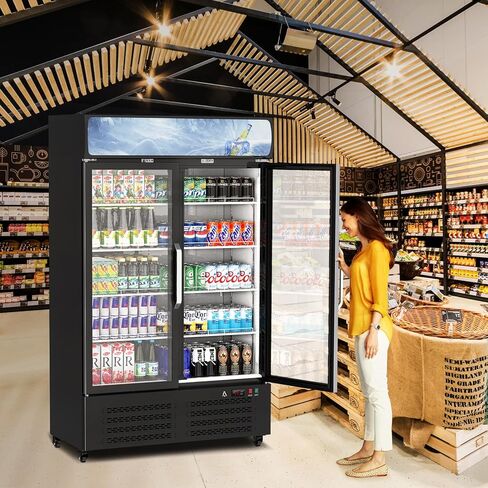 GAOMON Commercial Refrigerator, Commercial Beverage Display Cabinet with LED Top Panel, 32-50°F Adjustable, 25.3 Cu Ft Double Glass Door Merchandiser Fridge for Restaurant, Convenience Store, Black in Saudi Arabia