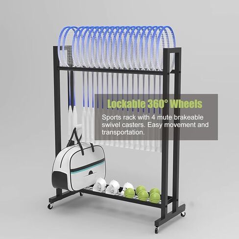 Badminton Tennis Racket Storage Organizer - Freestanding Rolling Mobile Sports Cart with Large for School Gym Training Ground in Saudi Arabia