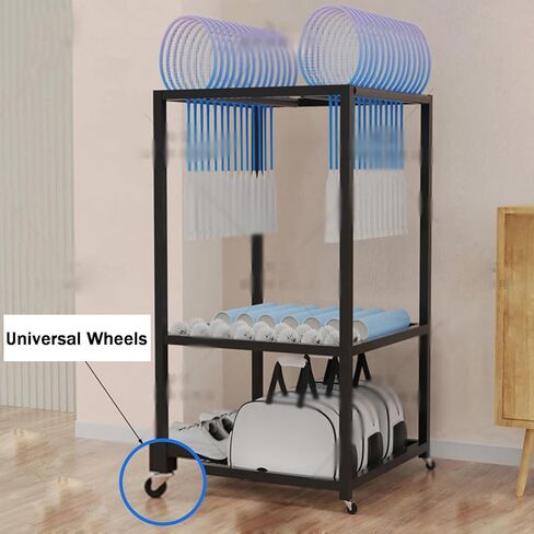 Badminton Racket Storage Rack,3 Tiers Sports Equipment Cart,Tennis Racquet Storage Rack with Brake Wheel,for Gym Training Ground in Saudi Arabia