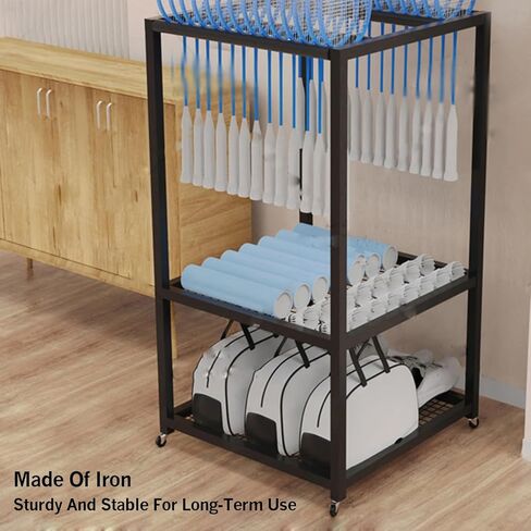 Badminton Racket Storage Rack,3 Tiers Sports Equipment Cart,Tennis Racquet Storage Rack with Brake Wheel,for Gym Training Ground in Saudi Arabia
