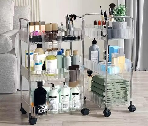 عربة تخزين دوارة من 4 طبقات مع 5 صناديق تخزين معلقة، عربة أدوات متعددة الوظائف، مادة أكريليك وتصميم شفاف حديث وبسيط، أسطوانة صامتة تدور 360 درجة، عربة الوجبات الخفيفة in Saudi Arabia