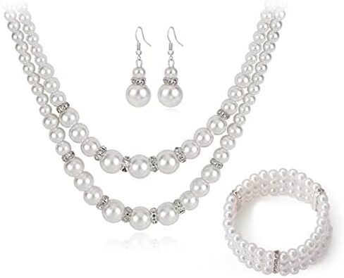 COLORFUL BLING 1920s Classic Faux Pearls Necklace Multi-Layer Strand Bracelet Dangle Earrings Set Beads Accessories Wedding Costume Party Jewelry for Women in Kuwait