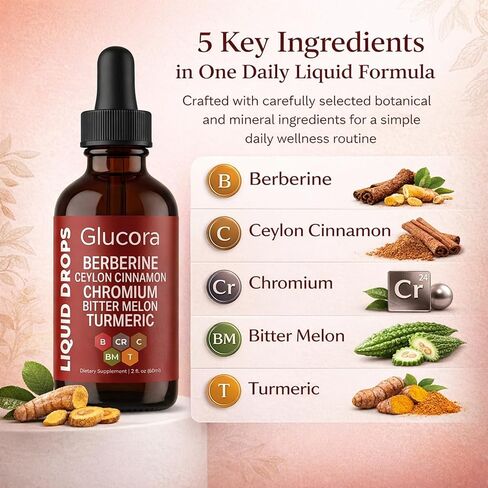 Glucora gotas,Glucora Ceylon Cinnamon Berberine Liquid Drops| 10-in-1 Herbal Formula | Sugar-Free, Vegan Liquid Supplement | 2 fl oz in Saudi Arabia
