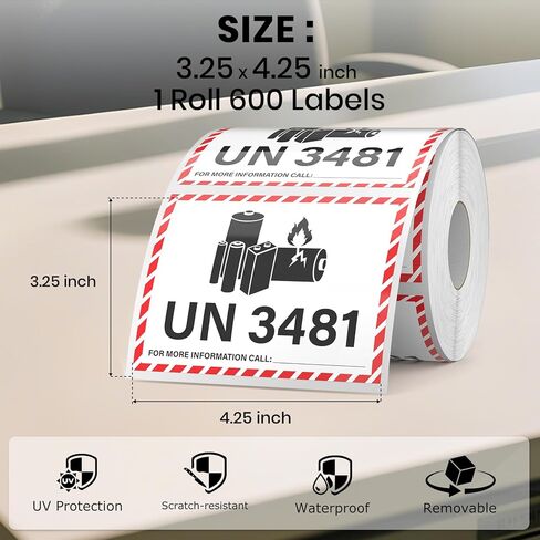 600 PCS UN 3481 Lithium lon Battery Labels 3.25 × 4.25 Inches Writable Waterproof Caution Warning Stickers Fragile Label for Transport Shipping in Saudi Arabia