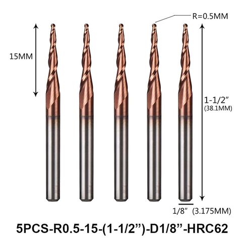 5pcs/Lot Tapered Ball Nose Spiral End Mill Tungsten Solid Carbide 3.175mm Nano Coating CNC Router Bits Taper Wood Metal Milling Cutter(5PC R0.5 D3.1 HRC62) in Saudi Arabia