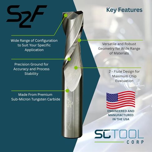 SCT30036 S2F 2-Flute, 1/2" Diameter, 1" Cutting Length, .090" Corner Radius, Center Cutting, 3" OAL, UnCoated, 1/2" Shank Dia., Versatile Carbide Endmill in Kuwait