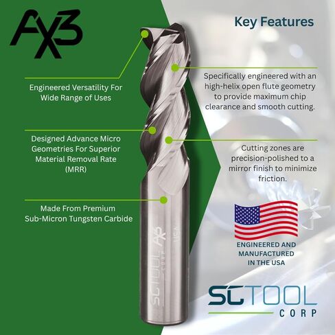 SCT10242 AX3 3-Flute, 3/4" Diameter, 1-3/4" Cutting Length, .060" Corner Radius, Center Cutting, 4" OAL, Un-Coated, 3/4" Shank Dia., High-Performance Aluminum & Non-Ferrous Machining in Kuwait