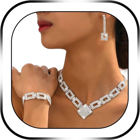 Rhinestone Jewelry Set Necklace Bracelet Earrings Set Sparkly Choker Necklace Silver Dangle Earrings Prom Formal Costume Jewelry Sets for Women and Brides in Kuwait