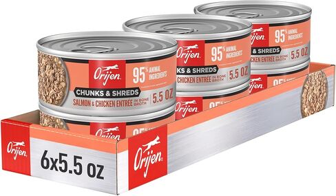 ORIJEN Chunks & Shreds Salmon & Chicken Entrée, 5.5oz, case of 6 cans in Kuwait