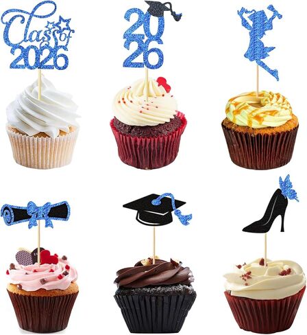 24 حزمة 2025 تهانينا مجموعة أدوات الكب كيك ، فئة التخرج اللامعة من اختيارات كب كيك لزخارف الحفلات في كلية الثانوية العليا (الأسود مع الذهب) الفتيات in Kuwait