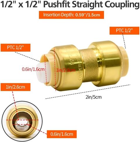 3/4" Push-fit Straight Coupling Plumbing Fitting, 3/4" Brass Push-to-Connect Plumbing Fitting, for Copper, PEX, CPVC Pipe in Kuwait