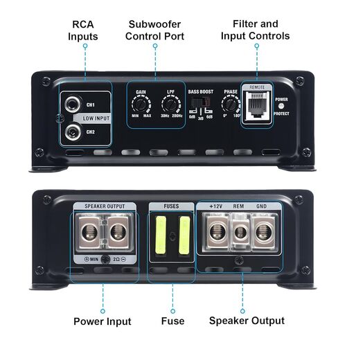 500W RMS Class D Monoblock Subwoofer Amplifier, 1Ω Stable Car Audio Amp, 30-200Hz LPF, Bass Boost, Phase Control in Saudi Arabia