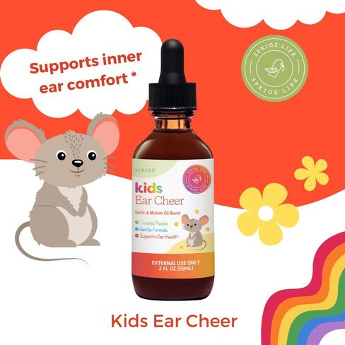 SPRIGS Kids Ear Cheer Tincture to Support Healthy Ears, 2 Fl Oz | Gentle Soothing Formula with Garlic Oil & Organic Mullein to Support Comfort | Easy to Use & Convenient Dropper for Children in Kuwait