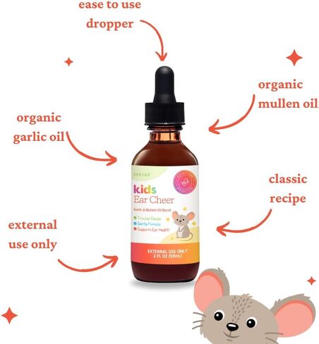 SPRIGS Kids Ear Cheer Tincture to Support Healthy Ears, 2 Fl Oz | Gentle Soothing Formula with Garlic Oil & Organic Mullein to Support Comfort | Easy to Use & Convenient Dropper for Children in Kuwait