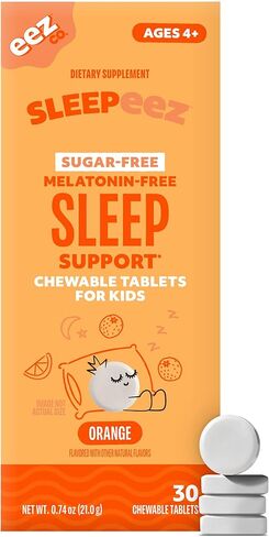 أقراص Lolleez Sleepeez Kids القابلة للمضغ خالية من الميلاتونين والسكر. مكمل نوم فعال لدعم وقت النوم. بدون صبغات أو ألوان صناعية، نكهة البرتقال - 30 قطعة in Saudi Arabia