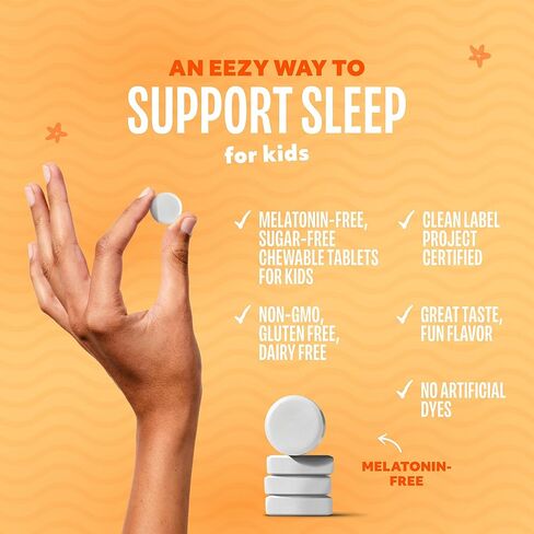 أقراص Lolleez Sleepeez Kids القابلة للمضغ خالية من الميلاتونين والسكر. مكمل نوم فعال لدعم وقت النوم. بدون صبغات أو ألوان صناعية، نكهة البرتقال - 30 قطعة in Saudi Arabia