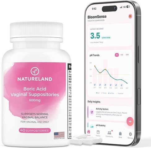 تحاميل حمض البوريك المهبلية للنساء من أرض الطبيعة، 600 ملجم - عدد 60 - صنع في الولايات المتحدة الأمريكية - رعاية أنثوية لتوازن درجة الحموضة والتحكم في الرائحة - دعم الصحة الحميمة - مع تطبيق بلوم سينس in Kuwait