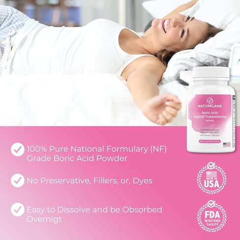 تحاميل حمض البوريك المهبلية للنساء من أرض الطبيعة، 600 ملجم - عدد 60 - صنع في الولايات المتحدة الأمريكية - رعاية أنثوية لتوازن درجة الحموضة والتحكم في الرائحة - دعم الصحة الحميمة - مع تطبيق بلوم سينس in Kuwait
