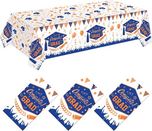 Kinlop 3 Pcs Graduation Tablecloths Class of 2024 Graduation Party Decorations Supplies Congrats Grad Table Clothes Covers Disposable Plastic Large Size 51 x 108 (Blue, Gold) in Kuwait