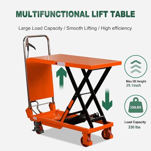 Tory Carrier Hydraulic Scissors Lift Table 330LBS Capacity, Table Cart 29.1" Lifting Height, Manual Scissor Lift Table 4 Wheels and Foot Pump, Elevating Hydraulic Cart for Material Handling in Kuwait