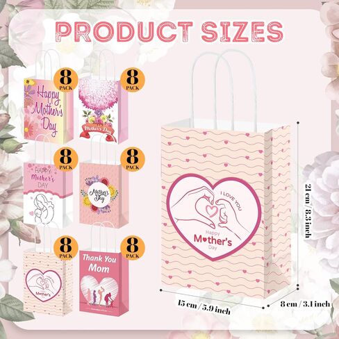 Kolldenn 48 Pcs Regalos Para Mama En Español,feliz Cumpleanos,mama Gifts Bags for Mom in Spanish Happy Mother's Day Paper Bags Carnation Pink Mother's Day Party Gift Bags with Handle in Kuwait