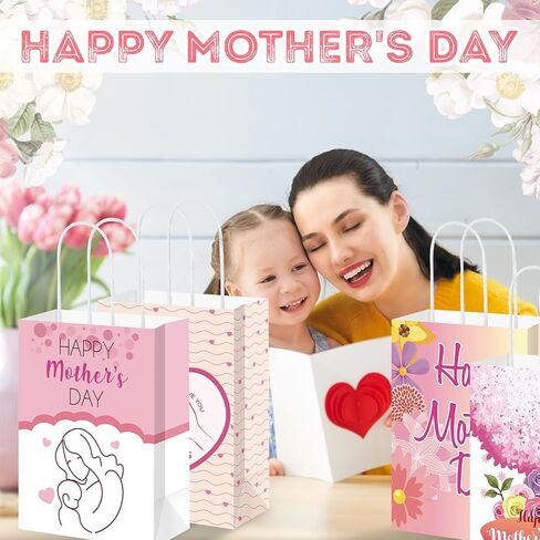 Kolldenn 48 Pcs Regalos Para Mama En Español,feliz Cumpleanos,mama Gifts Bags for Mom in Spanish Happy Mother's Day Paper Bags Carnation Pink Mother's Day Party Gift Bags with Handle in Kuwait
