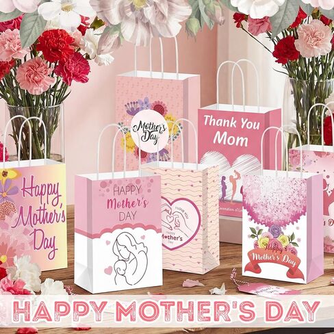 Kolldenn 48 Pcs Regalos Para Mama En Español,feliz Cumpleanos,mama Gifts Bags for Mom in Spanish Happy Mother's Day Paper Bags Carnation Pink Mother's Day Party Gift Bags with Handle in Kuwait
