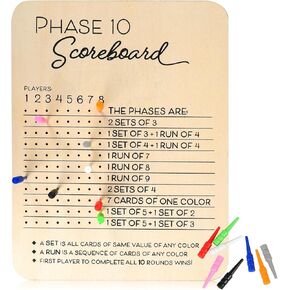 Wooden Phase 10 Score Board with Round Tracker – Reusable Score Keeper for Phase 10 Card Game, Family Game Night, Travel & Parties – Includes 8 Colored Pegs in Kuwait