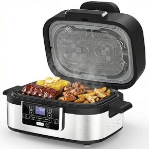 5-in-1 Indoor Grill with Air Fry, Crisper Basket, Bake, Cooking Pot, and Smoke Control System,Removable Grill Gate, Crisper Basket in Kuwait