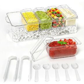 صينية بهارات، خادم بهارات مبردة للمنزل، والحفلات، والاحتفال، وحامل تزيين البار على الجليد، وإكسسوارات البار الفاكهة والسلطة مع صواني وأغطية قابلة للإزالة (5 ملاعق و2 ملقط) in Kuwait