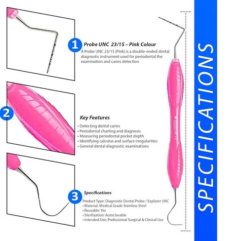 مسبار UNC 23/15 مقبض سيليكون وردي من الفولاذ المقاوم للصدأ لقياس اللثة للأسنان أداة تشخيصية احترافية لعيادات الأسنان واستخدام التدريب in Kuwait