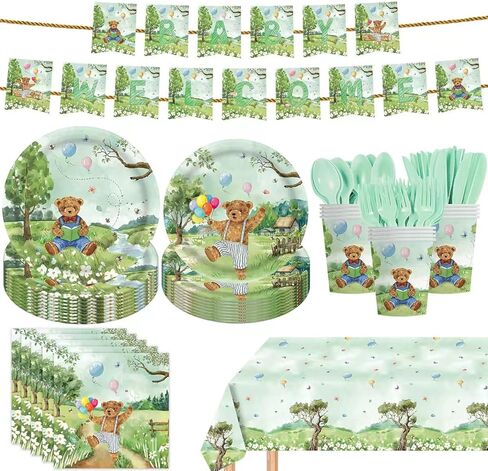 142pcs كلاسيكية دب دش استحمام الطفل أدوات المائدة استحمام الطفل مع لوحات ، منديل ، شوك ، لافتة الكؤوس ومغلق المائدة لمجموعة لوازم حفلة عيد الميلاد يقدم 20 ضيفًا (أصفر) in Kuwait