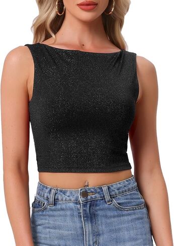 Allegra K Tank Top for Women Glitter Going Out Tops Boat Neck Cropped Sleeveless Casual Outfit Clothes in Saudi Arabia