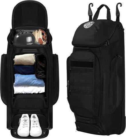 Catchers Gear Bag with Wheels, Rolling Baseball Softball Bag with 4 Bat Sleeves, Fence-Hooks, Separate Shoe Compartments and Multi-Pockets, Sturdy Back Base Plate in Kuwait