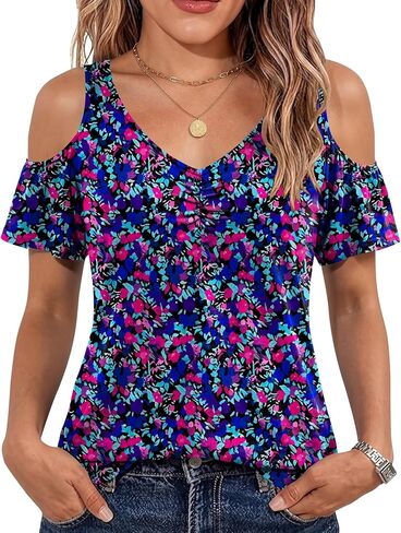 Micoson Summer Cold Shoulder Tops for Women V Neck Short Sleeve Shirts Ladies Cute Casual Blouse Going Out Outfits in Saudi Arabia