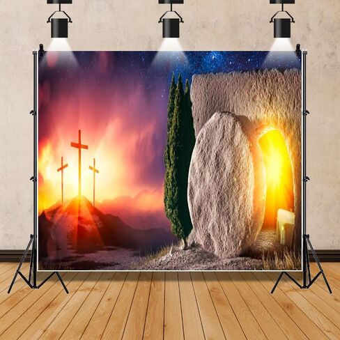 Easter Tomb Backdrop Resurrection of Jesus Empty Tomb with Shroud Christ Crucifix Holy Light Stone Hole Background Lord Pray Church Events Banner Decorations Studio Props 10x8ft in Kuwait
