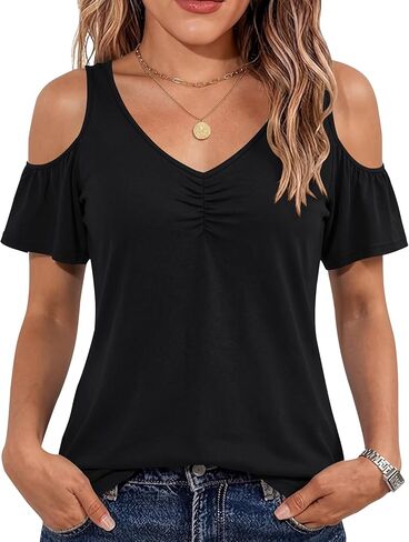 Micoson Cold Shoulder Tops for Women Summer Short Sleeve Shirts Ladies Floral Ruched Blouse Classic Cute V Neck Tunic in Saudi Arabia