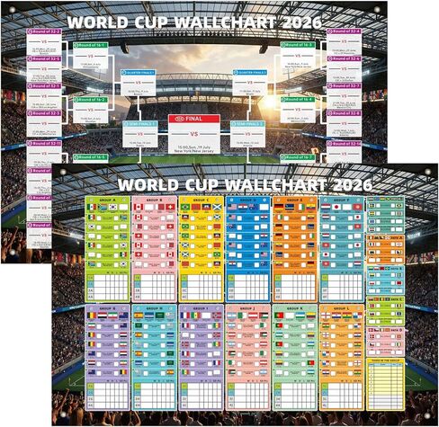 2 Pcs World Football Cup 2026 Wall Chart - 31.5x23.6 Inch Large Football Match Schedule Poster & 48-Team Knockout Bracket Tracker Banner with Grommets - International Championship Sports Fan Decor in Saudi Arabia