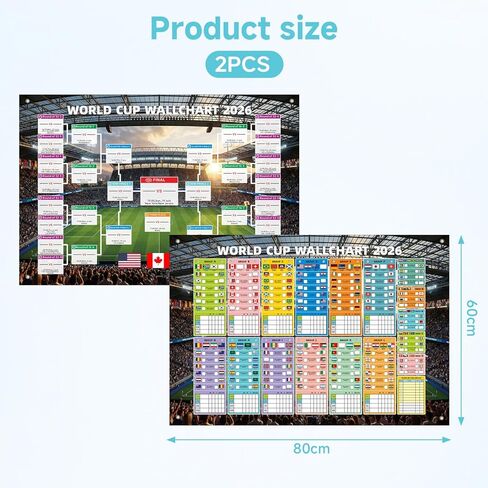 2 Pcs World Football Cup 2026 Wall Chart - 31.5x23.6 Inch Large Football Match Schedule Poster & 48-Team Knockout Bracket Tracker Banner with Grommets - International Championship Sports Fan Decor in Saudi Arabia