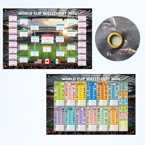 2 Pcs World Football Cup 2026 Wall Chart - 31.5x23.6 Inch Large Football Match Schedule Poster & 48-Team Knockout Bracket Tracker Banner with Grommets - International Championship Sports Fan Decor in Saudi Arabia