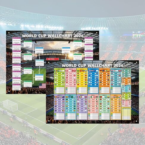 2 Pcs World Football Cup 2026 Wall Chart - 31.5x23.6 Inch Large Football Match Schedule Poster & 48-Team Knockout Bracket Tracker Banner with Grommets - International Championship Sports Fan Decor in Saudi Arabia