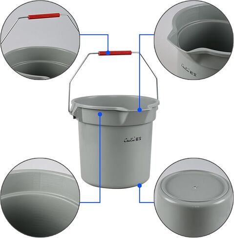 سطل تنظيف تجاري سعة 14 لترًا بمقبض، دلو بلاستيكي مكون من 4 عبوات مع فوهة صب، رمادي in Kuwait