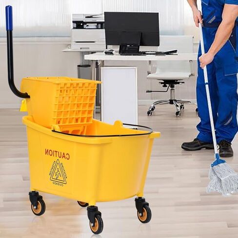 S AFSTAR 32L/8.5 Gallons Mop Bucket with Wringer on Wheels, Commercial Mop Bucket with Wheels & Potable Handle, Industrial Mop Wringer Bucket for Home Office Market Restaurant Hotel (Yellow) in Kuwait