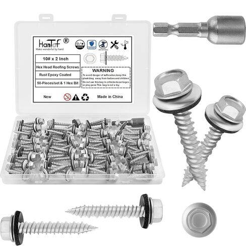 Metal Roofing Screws #10 × 2 Inch, 50-PCS, Hex Head Rustpert Coating Sheet Metal to Wood Siding Screw with EPDM Rubber Washer, Sharp Point, Hex Socket Included in Saudi Arabia
