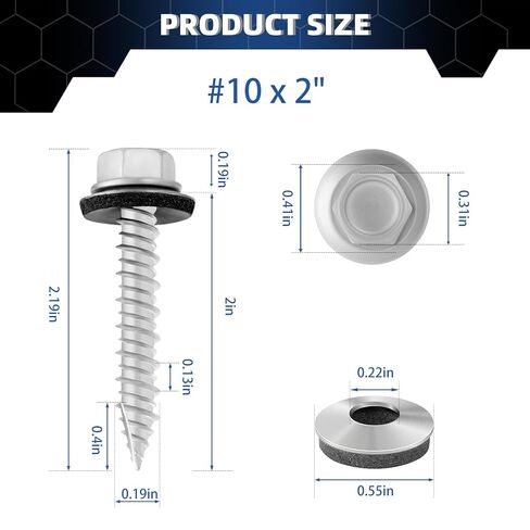 Metal Roofing Screws #10 × 2 Inch, 50-PCS, Hex Head Rustpert Coating Sheet Metal to Wood Siding Screw with EPDM Rubber Washer, Sharp Point, Hex Socket Included in Saudi Arabia