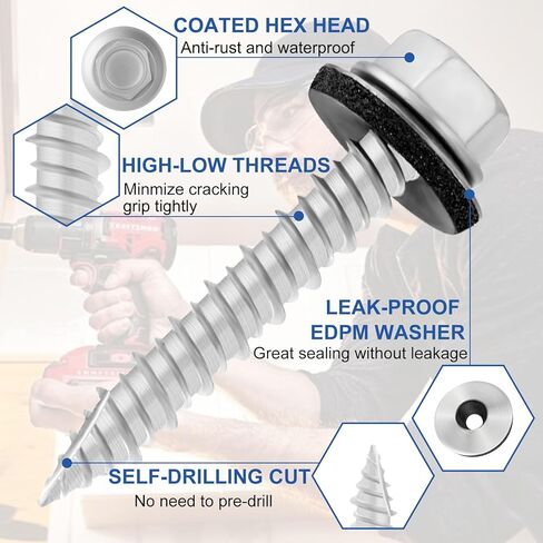 Metal Roofing Screws #10 × 2 Inch, 50-PCS, Hex Head Rustpert Coating Sheet Metal to Wood Siding Screw with EPDM Rubber Washer, Sharp Point, Hex Socket Included in Saudi Arabia