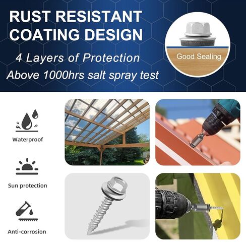 Metal Roofing Screws #10 × 2 Inch, 50-PCS, Hex Head Rustpert Coating Sheet Metal to Wood Siding Screw with EPDM Rubber Washer, Sharp Point, Hex Socket Included in Saudi Arabia